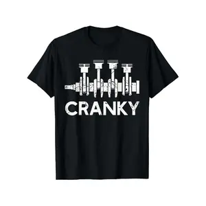 Men's Oversized Graphic Tees - Black with White Funny Cranky Car Engine Crankshaft Print, Shortsleeve Round Neck Casual Tee, Automotive Enthusiast Mechanic Streetwear, Father's Day Gift