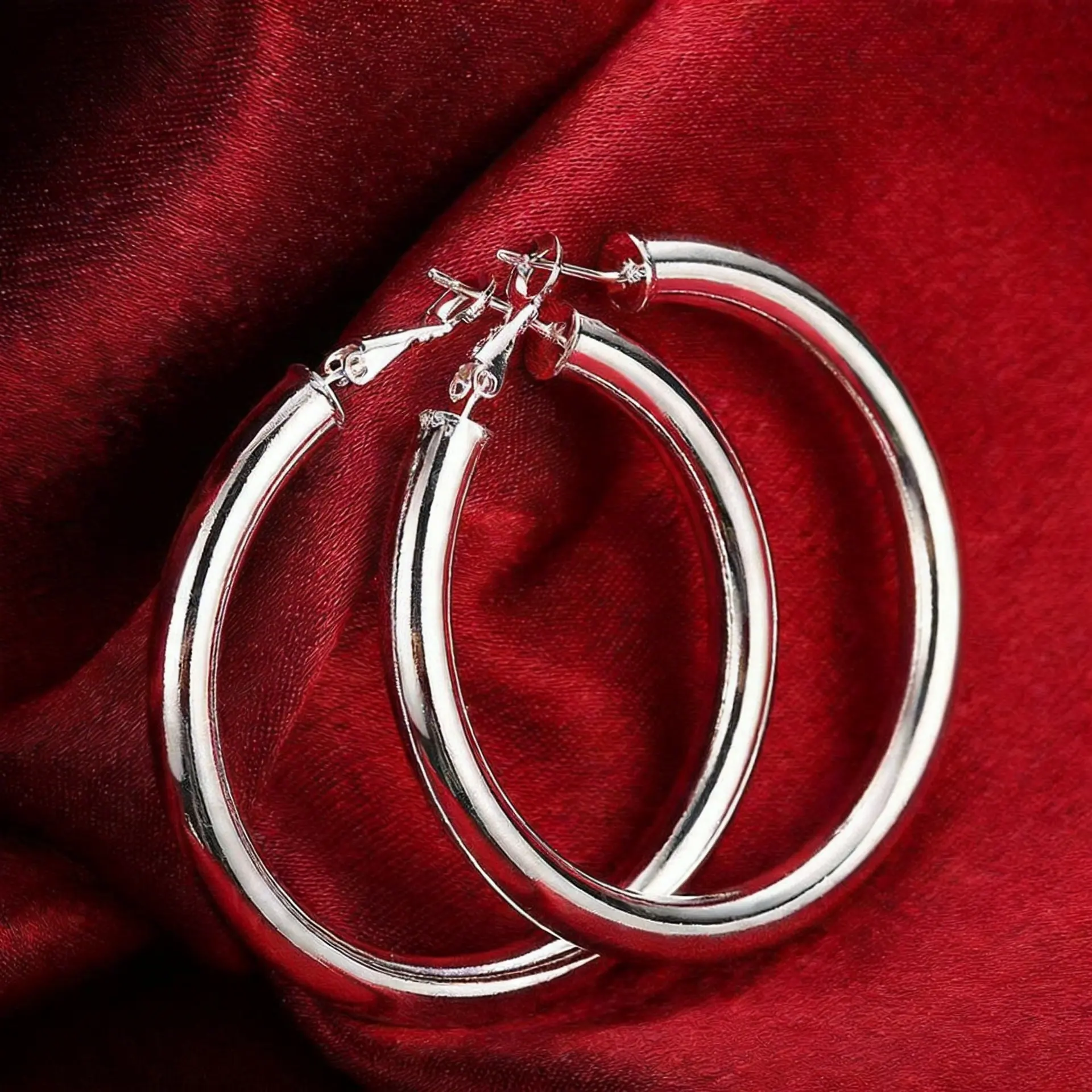 Women's 925 Sterling Silver Plated Chunky 50MM Round Hoop Earrings - Minimalist, Chic, Hypoallergenic, Lightweight Earrings for Women, Chunky Huggie Earrings