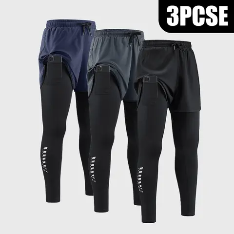 Men's Fitted 3-Piece 2-in-1 Runner Pants - Lightning Print, Multiple Pockets, Moisture-Wicking, High Elasticity, Breathable, Quick-Drying Gym & Jog Activewear, All Seasons, Machine Washable Bottoms