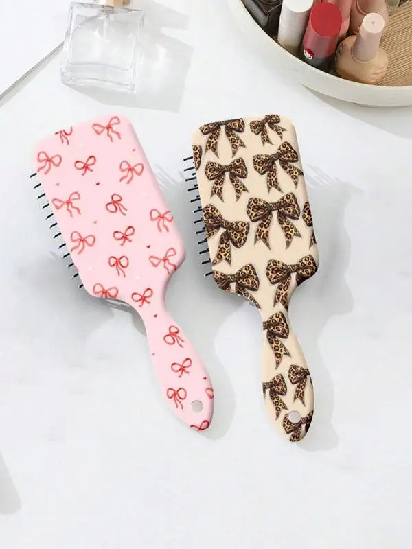 Unisex 2-Piece Leopard Print Bow Hair Brush Set - Cushion Comb, Naturally Derived Materials, Gentle Detangling, Smooth Tresses, Scalp Relief, Home/Travel Portable Fashion Accessory
