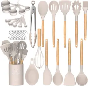 33 pcs Non-Stick Silicone Cooking Kitchen Utensils Spatula Set with Holder, Wooden Handle Silicone Kitchen Gadgets - Kitchen Utensils Set of 33-Khaki