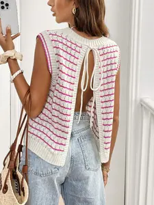 Women's Casual Loose-Fitting Striped Sleeveless Sweater Vest, Spring/summer Round Neck for Daily and Vacation Wear