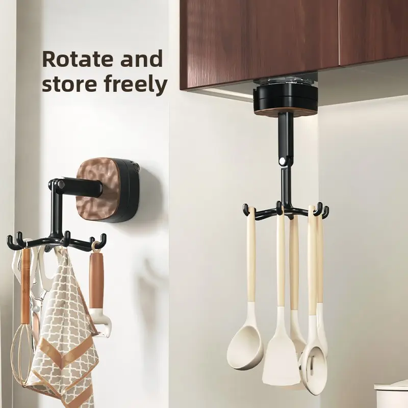 Rotatable Kitchen Hook Storage Rack, Punch-Free Suction Cup Hanging Holder, Space-Saving Kitchen Utensil Arrangement Shelf