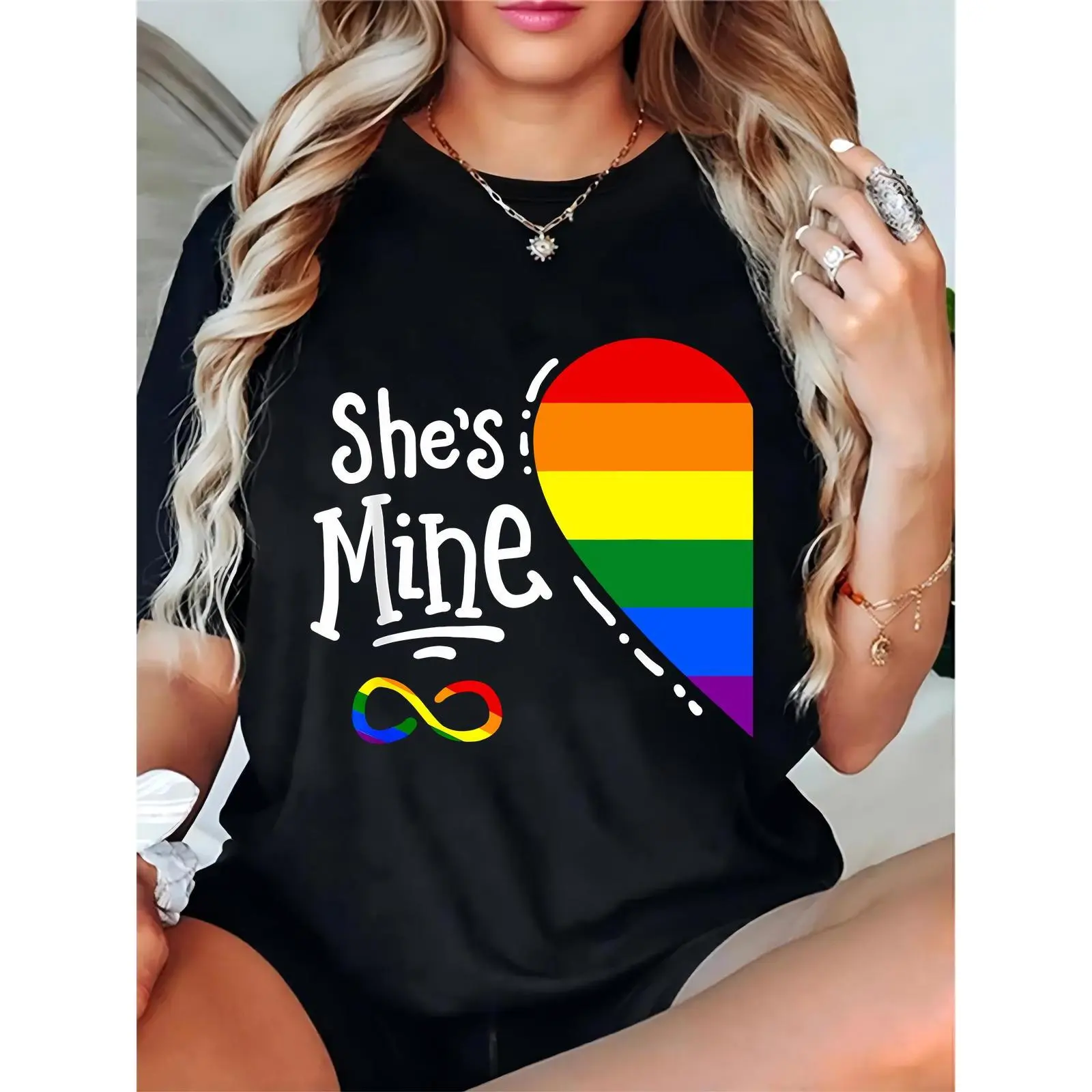 Women's "She's Mine" Rainbow Heart & Infinity Symbol T - Shirt, LGBTQ+ Pride Month Casual Top for Lesbian Couples, Ideal for Daily Wear & Pride Events, Skirts, Day