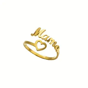 1pc 304 Stainless Steel Adjustable Ring, Vintage "Mama" Letter Ring for,  Minimalist Heart Ring, Mother's Christmas Gift, for Teenager