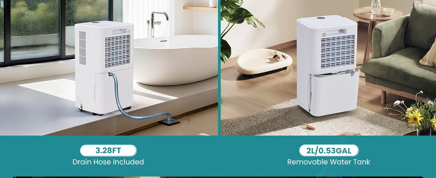 Dehumidifier for Basement with Drain Hose,  Water Tank Quiet with Humidity Ring, Ideal Whole House Dehumidifiers for Home, Bedroom & Bathroom