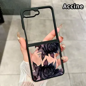 Dark Rose Reverie Pattern Foldable Phone Case for Z Flip 7/6/5/4, Axis Protection and Complete Lens Protection Shockproof Silicone TPU Transparent Cover