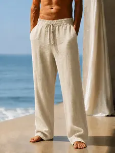 Mens Linen Pants Relaxed Straight Leg Drawstring Waist Lightweight Summer Vacation Outfit Casual Beach Resort Travel Lounge Trousers with Slanted Side Pockets Easy Pull On Fit for Warm Weather Daily Wear Cruise Outfit