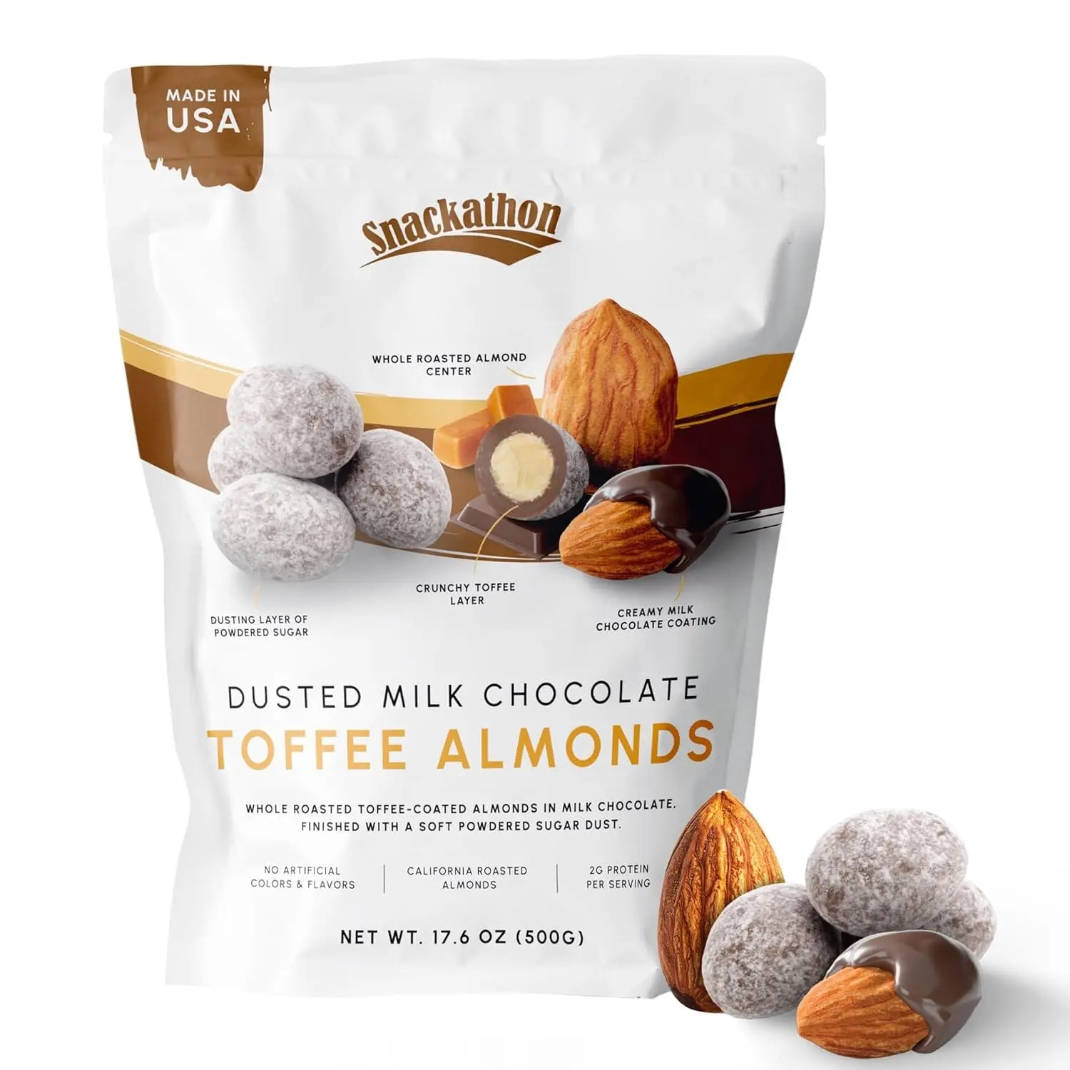 Snackathon Dusted Toffee Milk Chocolate Covered Almonds, Resealable Bag, Whole Roasted Almonds Coated in Toffee and Creamy Milk Chocolate, Crunchy & Sweet Nut Snack, Made in USA