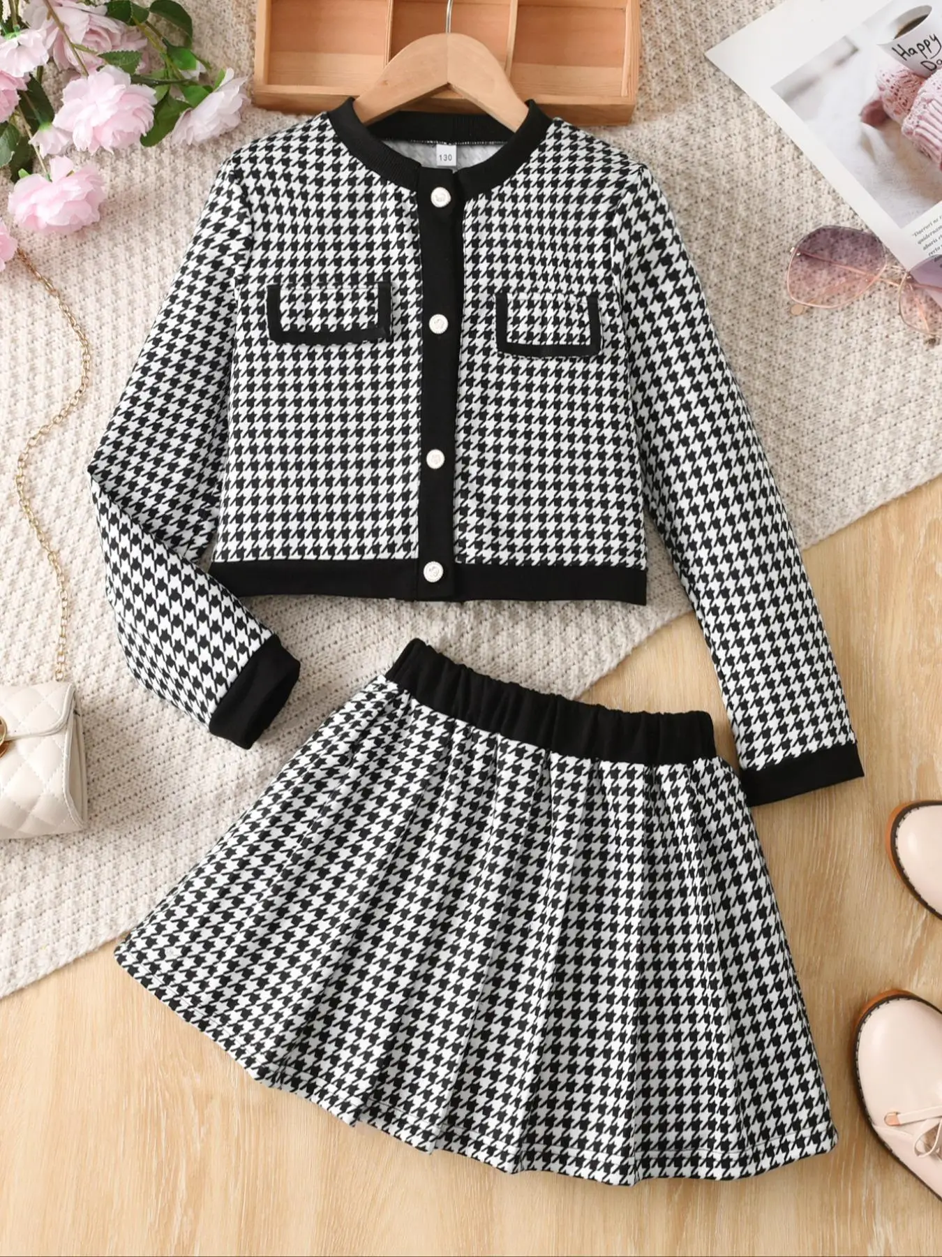 Girls Fashion Chic Set with Round Neck Cardigan Design and Rose Flower Button Long Sleeve Jacket, Stylish Plaid Pleated Skirt for Outdoor and Formal O