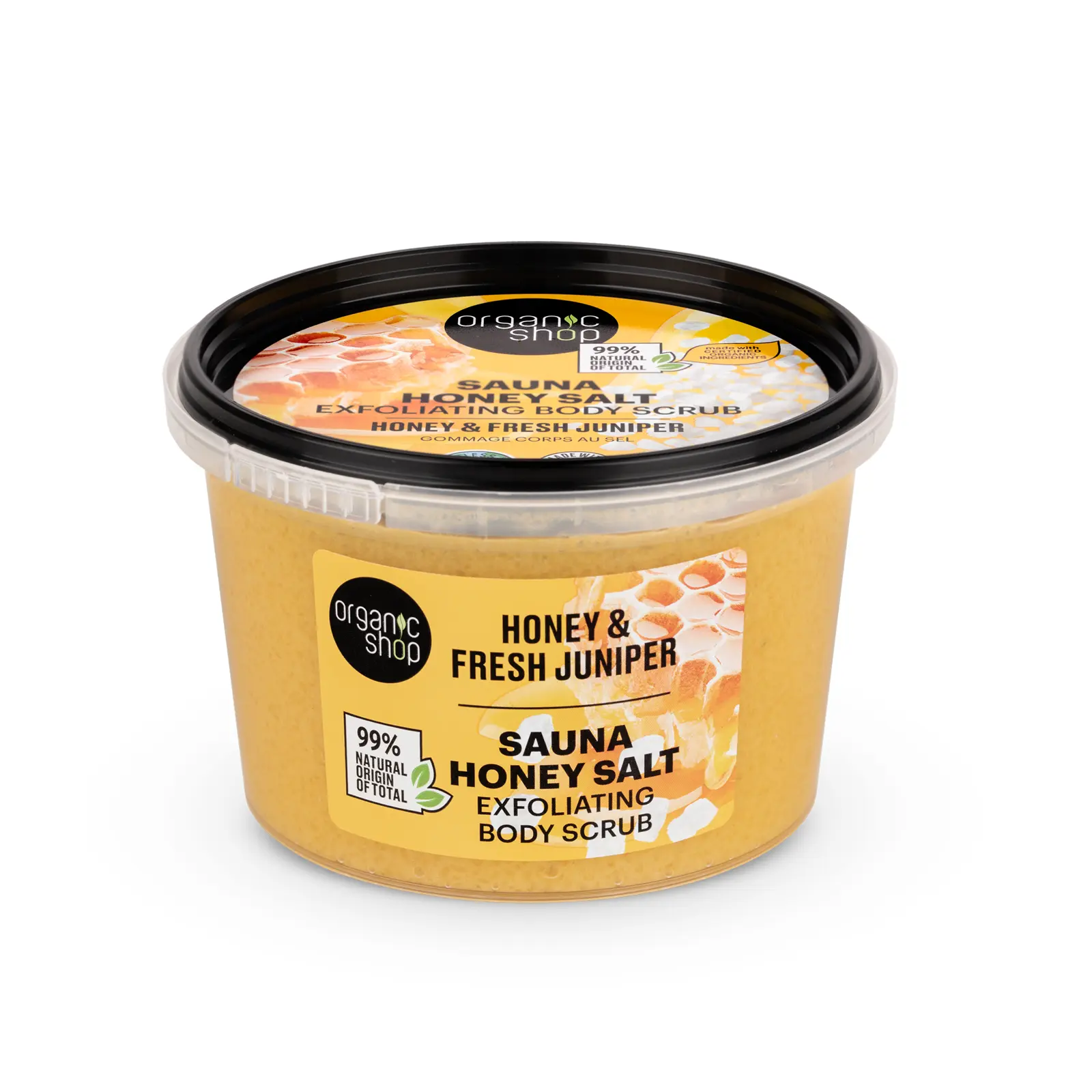 Organic Shop Raw Honey Salt & Juniper Hydrating & Exfoliating Body Scrub, 100% Vegan & Organic, Daily Exfoliant, Detox & Moisturizer, Body, Face, Hand & Foot, Intensive Care & Skin Toning. 250ml.