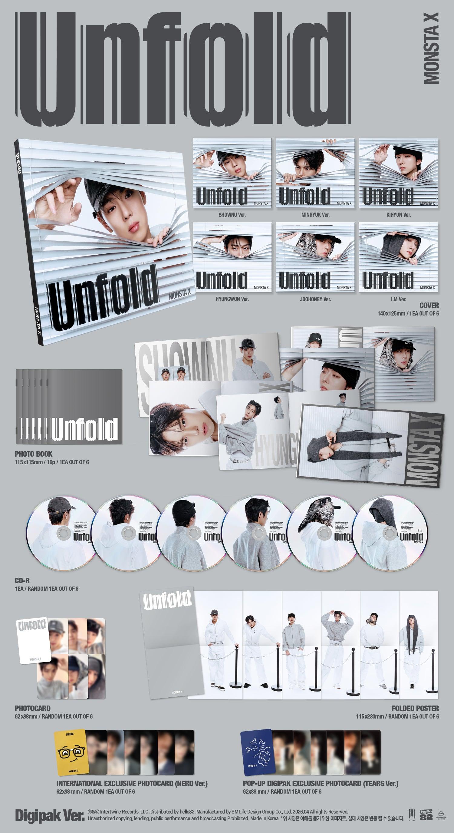 MONSTA X – UNFOLD (3rd English Album) [Member Digipack Ver.] [POP-UP Excl.] | Official K-Pop CD Album | SHOWNU / MINHYUK / KIHYUN / HYUNGWON / JOOHONEY / I.M Cover Versions | 16p Photobook + 3 Photocard Pulls | “heal” Title Track