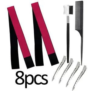 8-piece wig accessory set, wig elastic, hairdressing headpiece, edge fixing non-slip tape, with hair edge brush, hairdressing duckbill clip and rat tail comb for hair parting, safe grip, laying edge, for wig fixing and partitioning