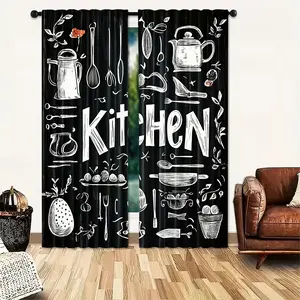 2pcs Kitchen-Themed Door Curtains - Cartoon Culinary Art Print, 100% Polyester Machine Washable Semi-Sheer Rod Pocket Curtains with Waterfall Edge for Bedroom Decor, Home Accents, Kitchen Themed Decor, Jacquard Fabric, Home Decoration Curtain