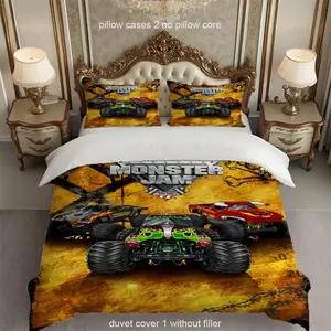 Monster Truck Print Bedding Set, Breathable Comfortable Printed Duvet Cover, All-Season Use, 100% Polyester Fabric