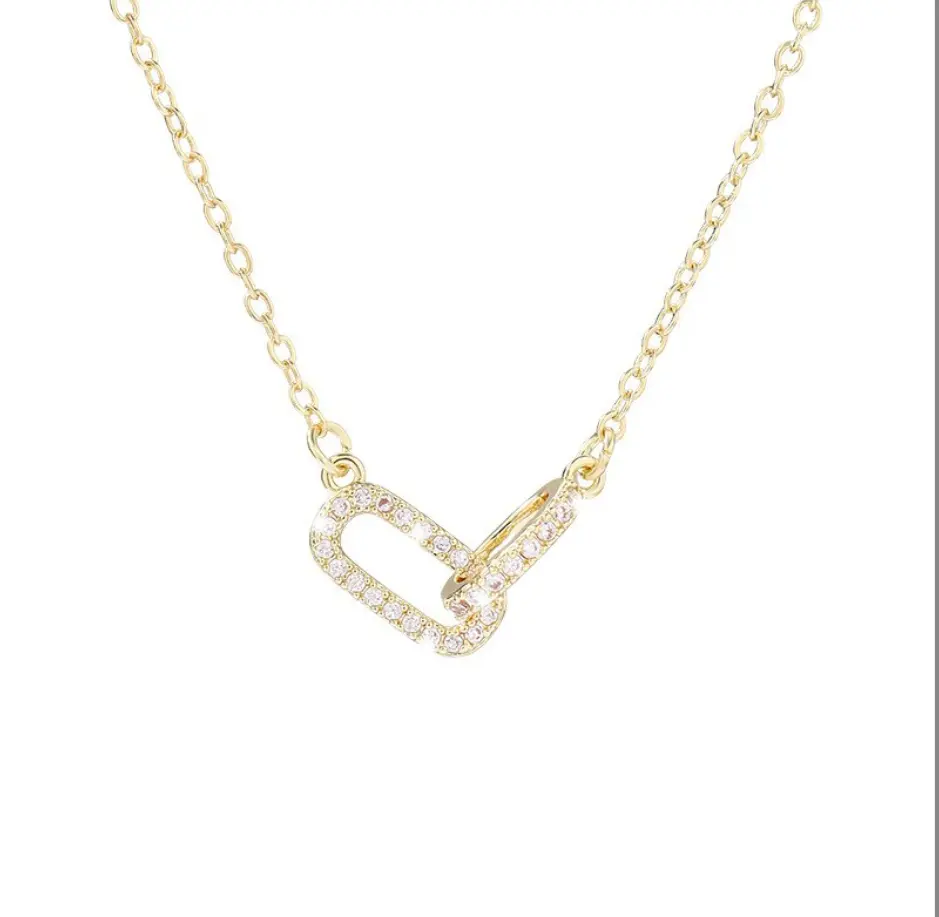 Unisex Elegant Double Oval Detailed Pendant Chain Necklace - Interlocking Rings, Diamond-Accented Zircon, Copper Small Fragrance Light Luxury High-End Costume Jewelry Accessory, 50g, 5*8*8cm