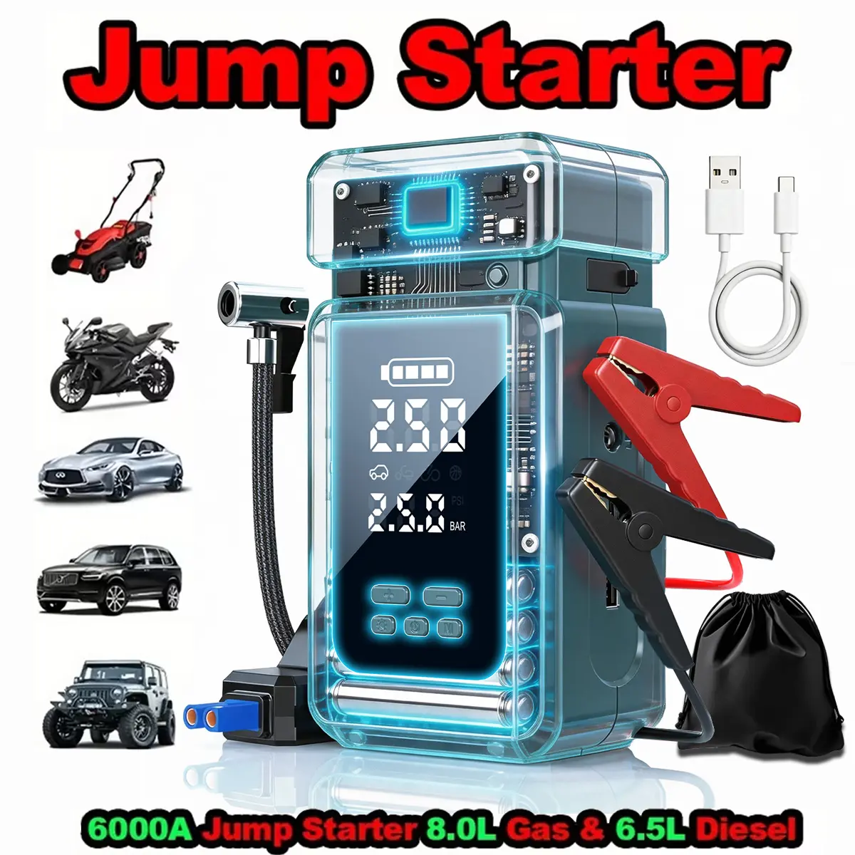 Portable Multi-Function Car Jump Starter Booster with 150 PSI Air Compressor, 5000A Peak, LED Light, Power Bank - Starts 2.64 Gal Gasoline/2.38 Gal Diesel Engines, Car Accessories