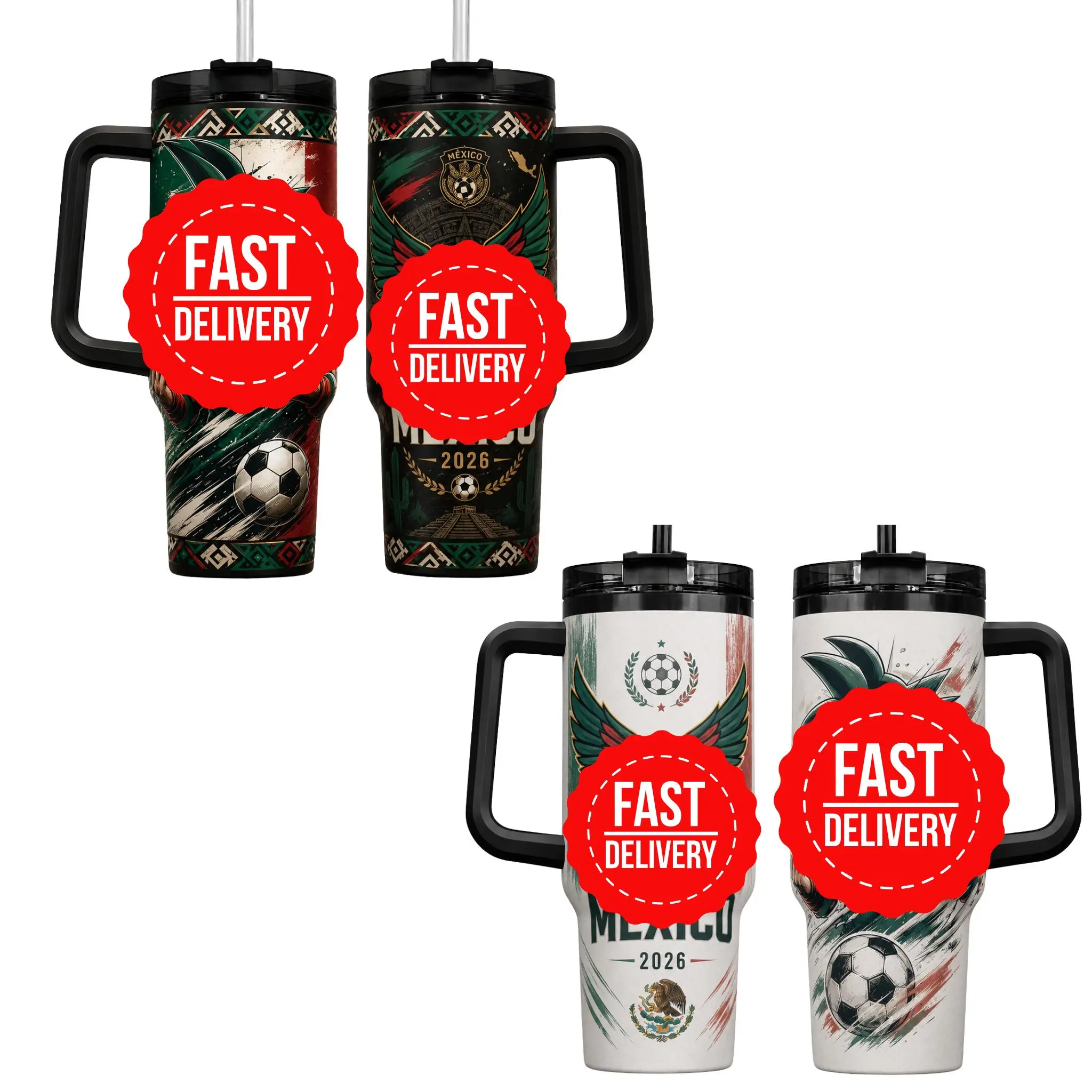 Mexico Soccer Tumbler 40oz With Handle And Straw, Football Inspired Insulated Travel Cup, 2026 Fan Gift Drinkware