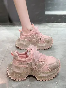 Women's Thick Sole Heeled Rhinestone Sports Casual Shoes, Sparkly Rhinestone Lace Breathable Mesh, Daily Versatile, All Seasons
