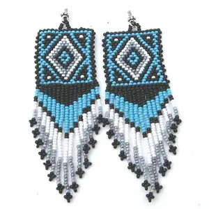 BLUE BLACK WHITE SEED BEADED EARRINGS MEDICINE MAN'S BEADWORK E21/2