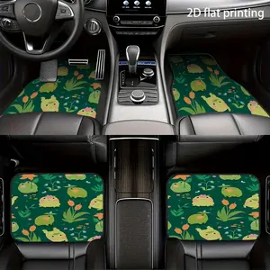 4-piece set of car floor mats, featuring green frog and flower cartoon patterns, made of polyester fiber, universal car floor mats suitable for front and rear seats, easy to clean, washable, car decorative accessories