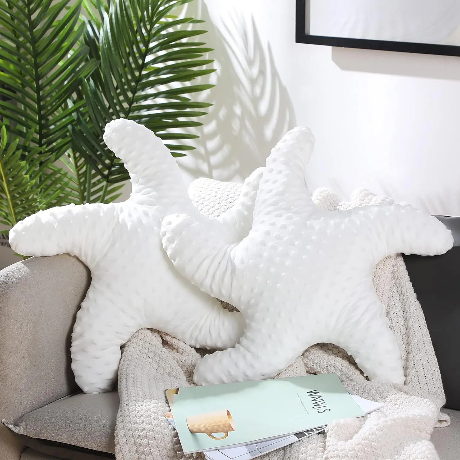 2-Pack 20in Starfish-Shaped Cute Stuffed Pillow Cushion, Coastal Ocean Home Decor for Bedroom Living Room Sofa Couch, White Party Gift, Pillow Cushion Star Fish