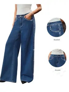Quincy Beaded Low Waist Jeans, Fashionable Modern Design, Casual & Elegant, Comfortable Fit for Various Occasions, Spring & Fall