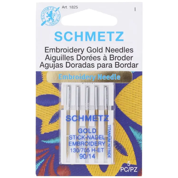 Schmetz Sewing Machine Needles - 90/14 Size, 5-Pack, Model 1825, Gold Titanium Flat Shank, for Household Sewing Machines, Garment Construction, Cleaner Stitches, Prevents Skipped Stitches, Better Fabric Penetration, Replaceable Needles, Sewing Supplies