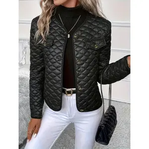 Solid Color Long Sleeve Lapel Detail Quilted Coat Fabric Jackets for Women - Elegant & Chic Winter Coats DG210230