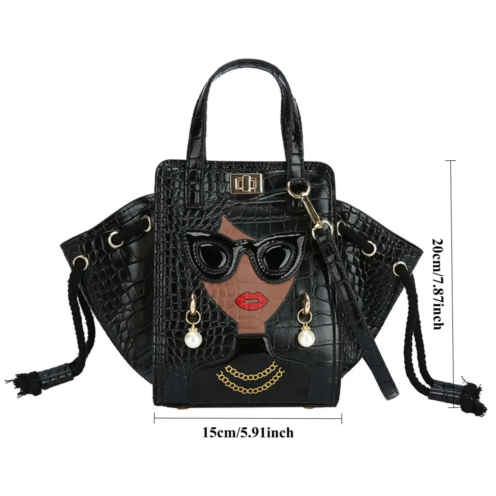 Innovative 3D Female Face Handbag PU Leather Crossbody Bag with Detachable Strap for Daily Shopping Dating Parties Red Black Dark Gray Pink