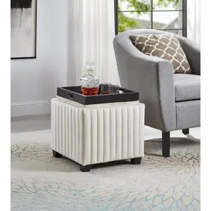 18 Inch Wide Contemporary Square CubeStorage Ottoman Bench, Storage Bench with coffee tray,coffee table for Living Room Ottoman foot rest for Bedroom End of Bed, BEIGE velvet fabric in modern SAWING