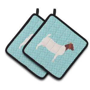 212 MAIN Boer Goat Blue Check Quilted Insulated Fabric Pot Holders - 2-Piece Hanging Set for Kitchen, Oven Use