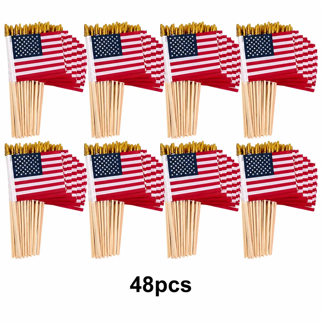 48-Pack Mini American Flag Set, 4x6 in Small Handheld Flags with Wooden Poles, Patriotic Festive Decorations for Events, Outdoor Displays