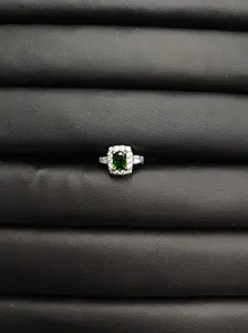 Ruby(8857)gc.Regal Garden Ring - Rectangular Emerald Cut Green Gemstone with Diamond Halo & Side Baguettes
