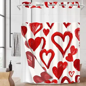 1pc hookless shower curtain, Waterproof bathroom curtain, Valentine's Day red heart pattern 2D printing, fabric waterproof lining with see-through window double layer, 71 x 74 inches, modern home decoration