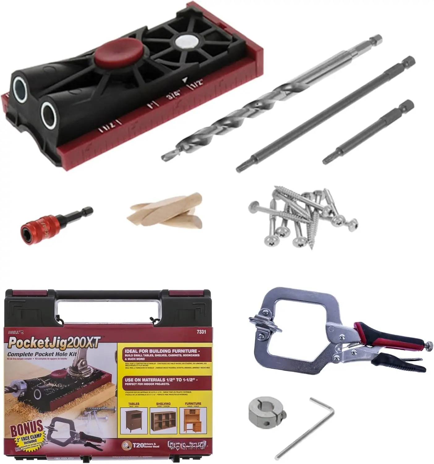 7331 Pocket Hole Jig 200 XT Complete Double/ Pocket Hole Jig Kit System. Easy to Use, Pocket Hole Drill Guide, Screw Jig With  Accessories and 2 Inch Clamp for Woodworking