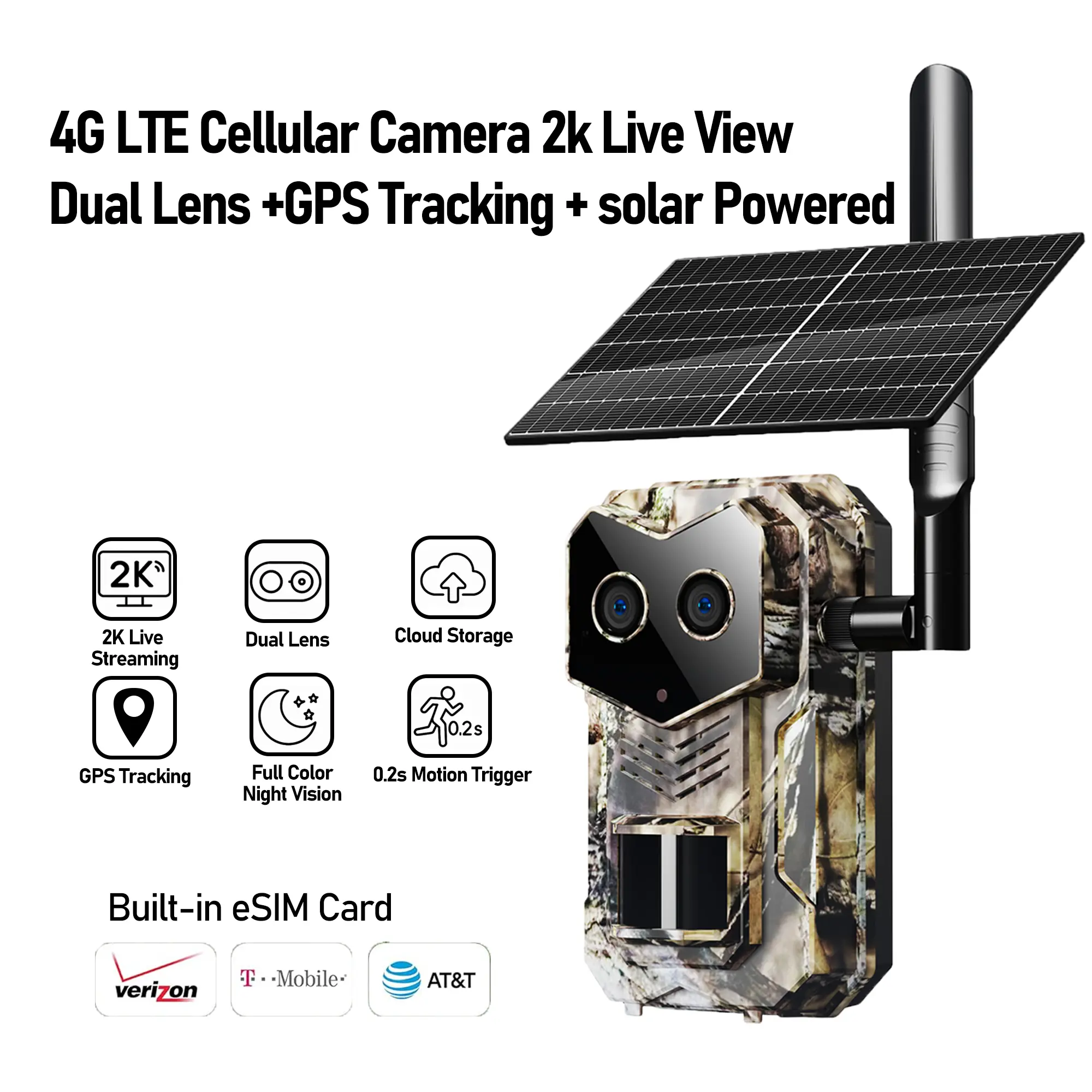 Solar-Powered 4G LTE Trail Camera – Dual Lens Deer Cam with eSIM, GPS Tracking, PIR Motion Sensor, Full Color Night Vision, No-Glow IR, 2K HD Live Feed, LTE Cellular Security Cam for Wildlife, Smart Airbnb, Flock Camera, Outdoor Monitoring, No WiFi Needed