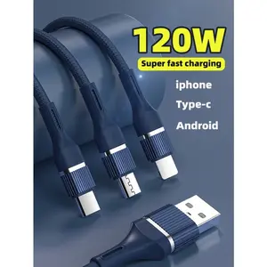 1.2M 3-in-1 120W Fast Charging USB Cable, 6A Multi-Function Charging Cord, Colorful Braided Type‑C/Micro Charger Cable, 120W Super Fast Charging Data Cable, Compatible with Type‑C & Android Phones, Universal 3‑in‑1 Fast Charging Cable for Car, Woven Fabri