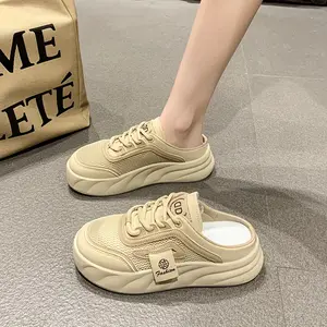 LISM Women's Beige Platform Sandals - Comfortable Mid-Heel Outdoor Slides with Round Toe, Faux Cover Upper & Rubber Sole for Casual Wear