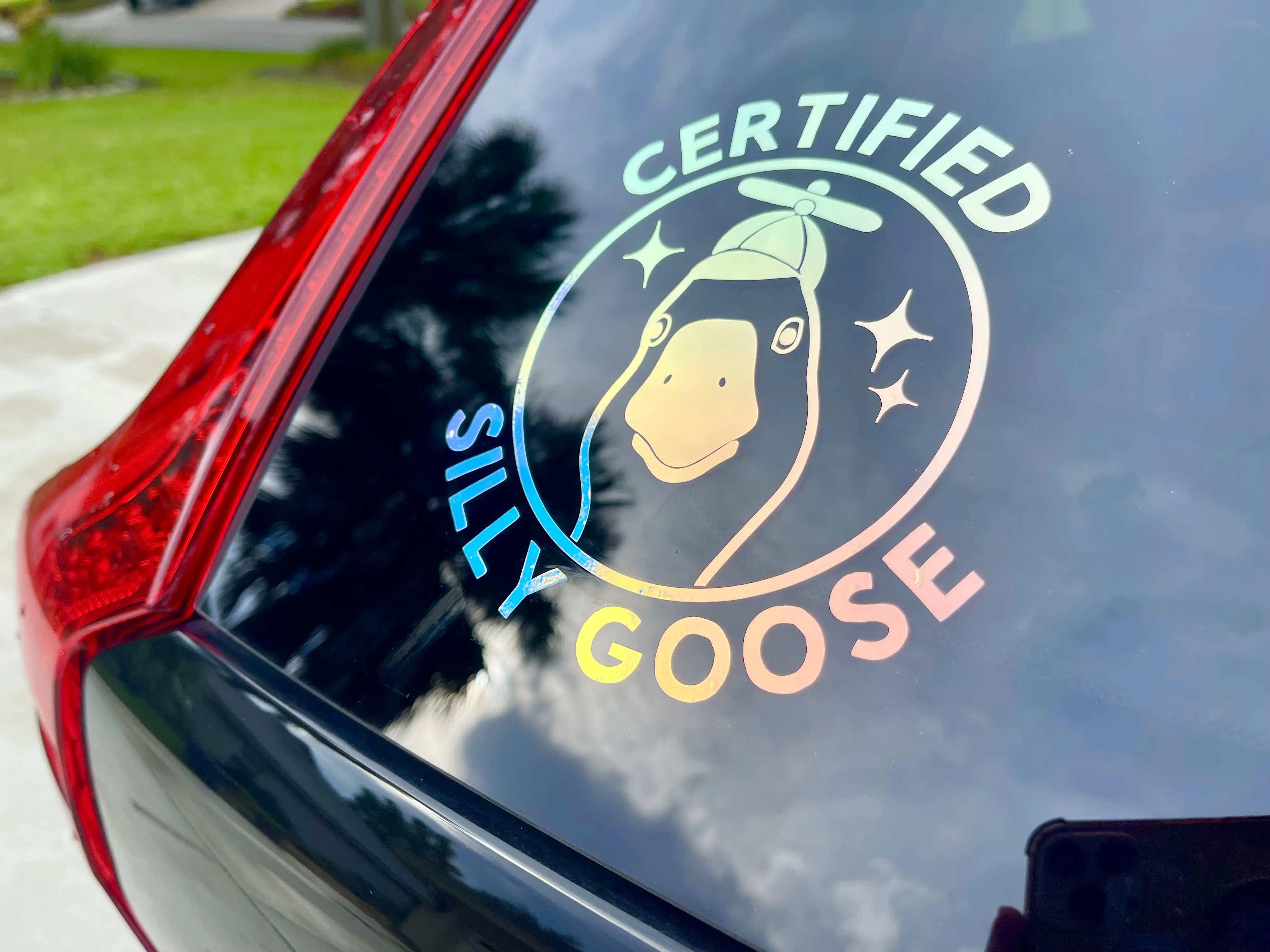 Certified Silly Goose On Board Holographic Bumper Car Window Transfer Sticker decals, Cute Duck Goose Meme Sticker Weather Proof Vinyl decal