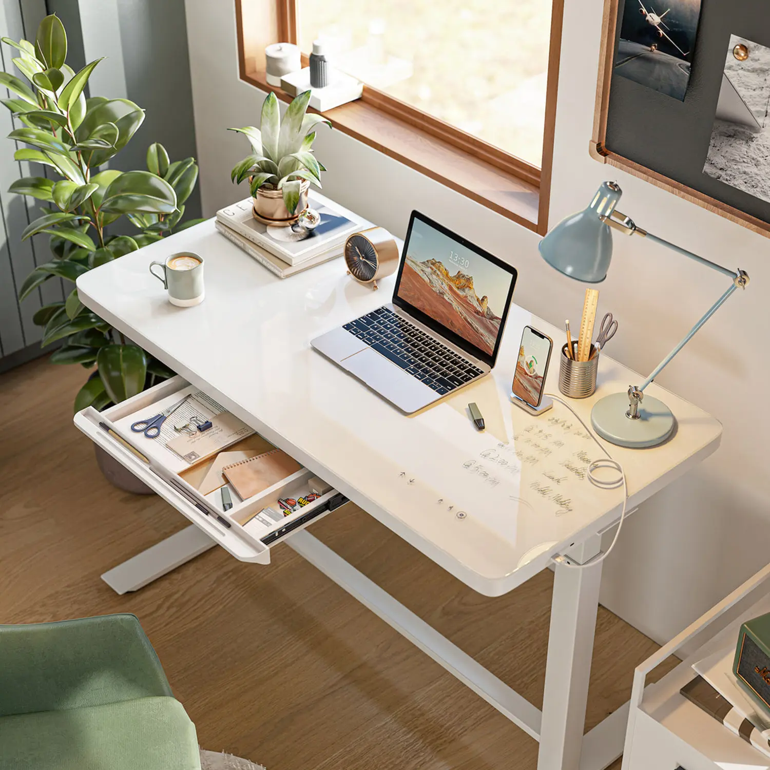 Essential Height Adjustable Stand Up Glass Tabletop Desk with USB Charging Ergonomic Sit Modern Home Office Workstation, White