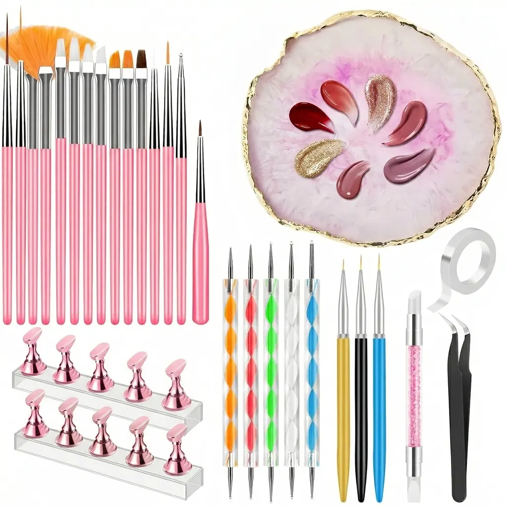 Nail Art Design Tools,  Nail Art Brushes, Resin Nail Art Palette, Nail Dotting Tool, Must Haves Design Tools Supplies Kit for Nail Tech & Beginners (Pink)