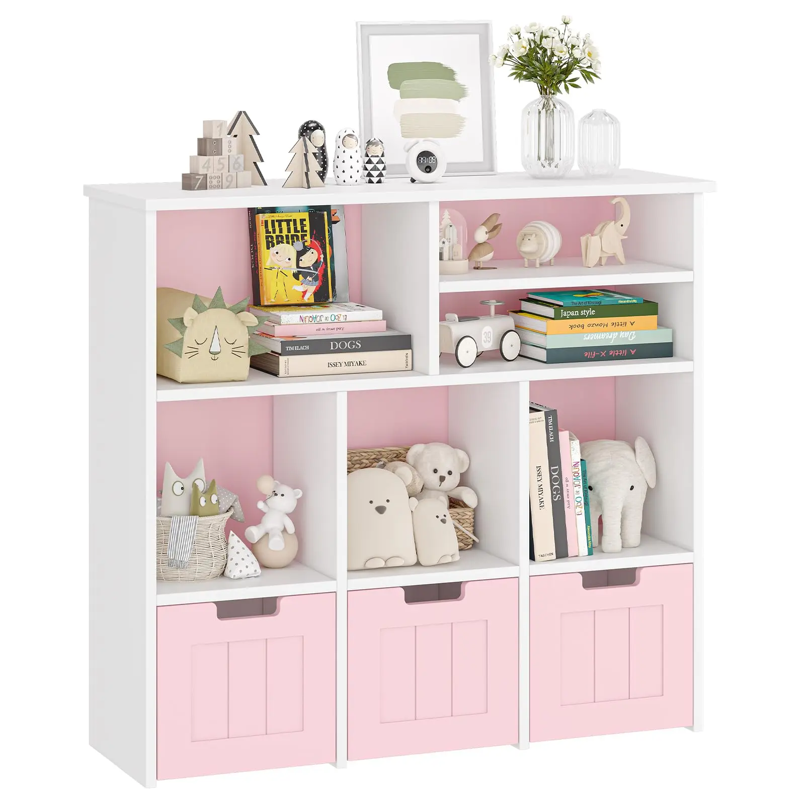 Storage Organizer Kids Bookcase with 3 Movable Drawers Toy Storage Cabinet with Hidden Wheels Multifunctional Storage Chest for Playroom, Nursery and Bedroom, Pink