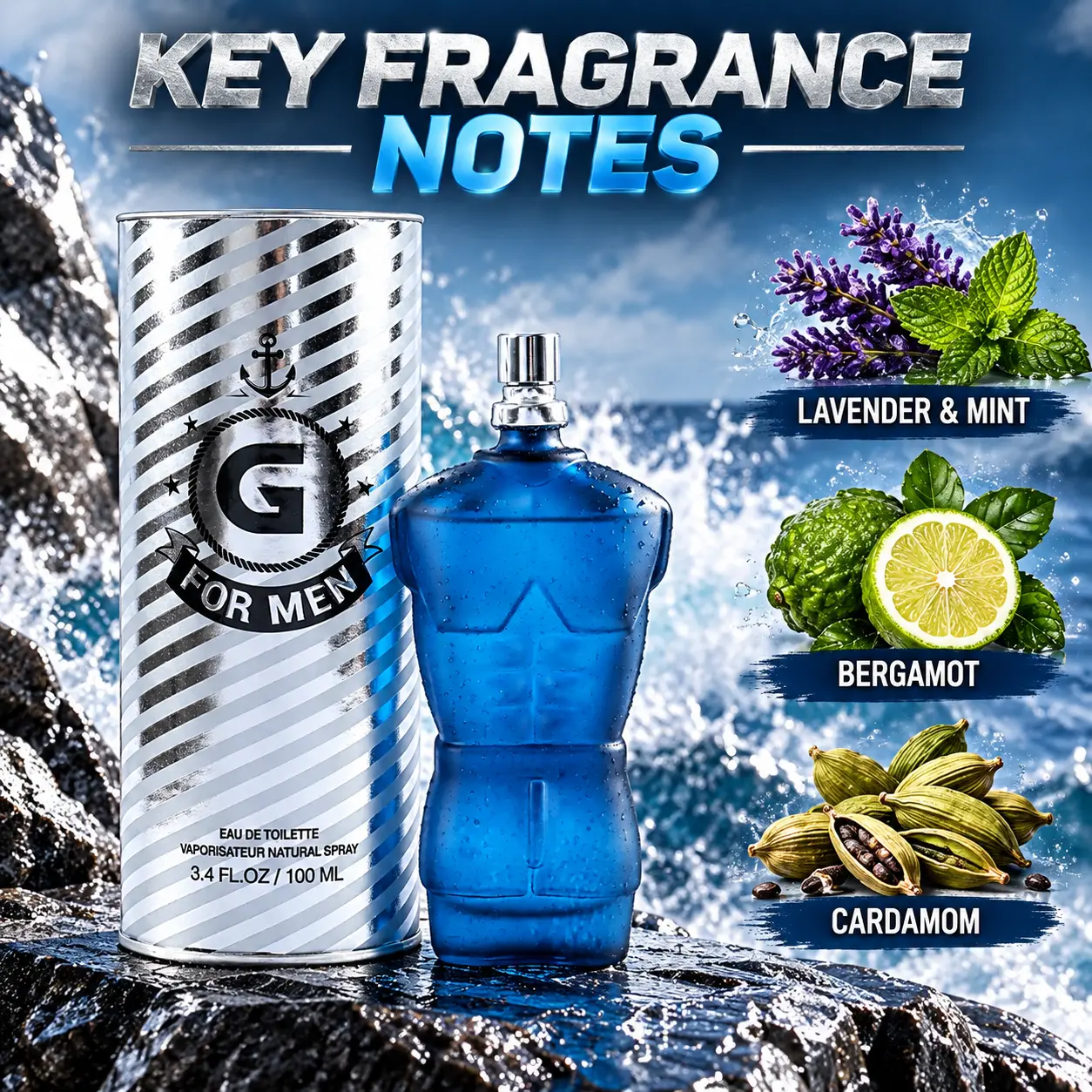 G-For Men Eau de Toilette 3.4 FL OZ 100 ML - Lavender Mint Bergamot & Cardamom Fragrance Notes - Men's Cologne with Fresh Citrus, Aromatic Herbal Accents and Warm Spice - A Blend of Lavender, Herbal Mint, Bright Bergamot and Spiced Cardamom