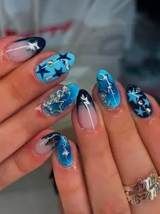 24 Pcs Of Almond Nails Shaped Acrylic Press-On Nails, Featuring A Starry Night Sky Design With Dark Blue Nails Gradient, Gold Foil Stars, And French Tips. Y2K Nails Style With 3D Metal Stars And Rhinestones, Perfect For Young Girls, Holidays, Parties, An