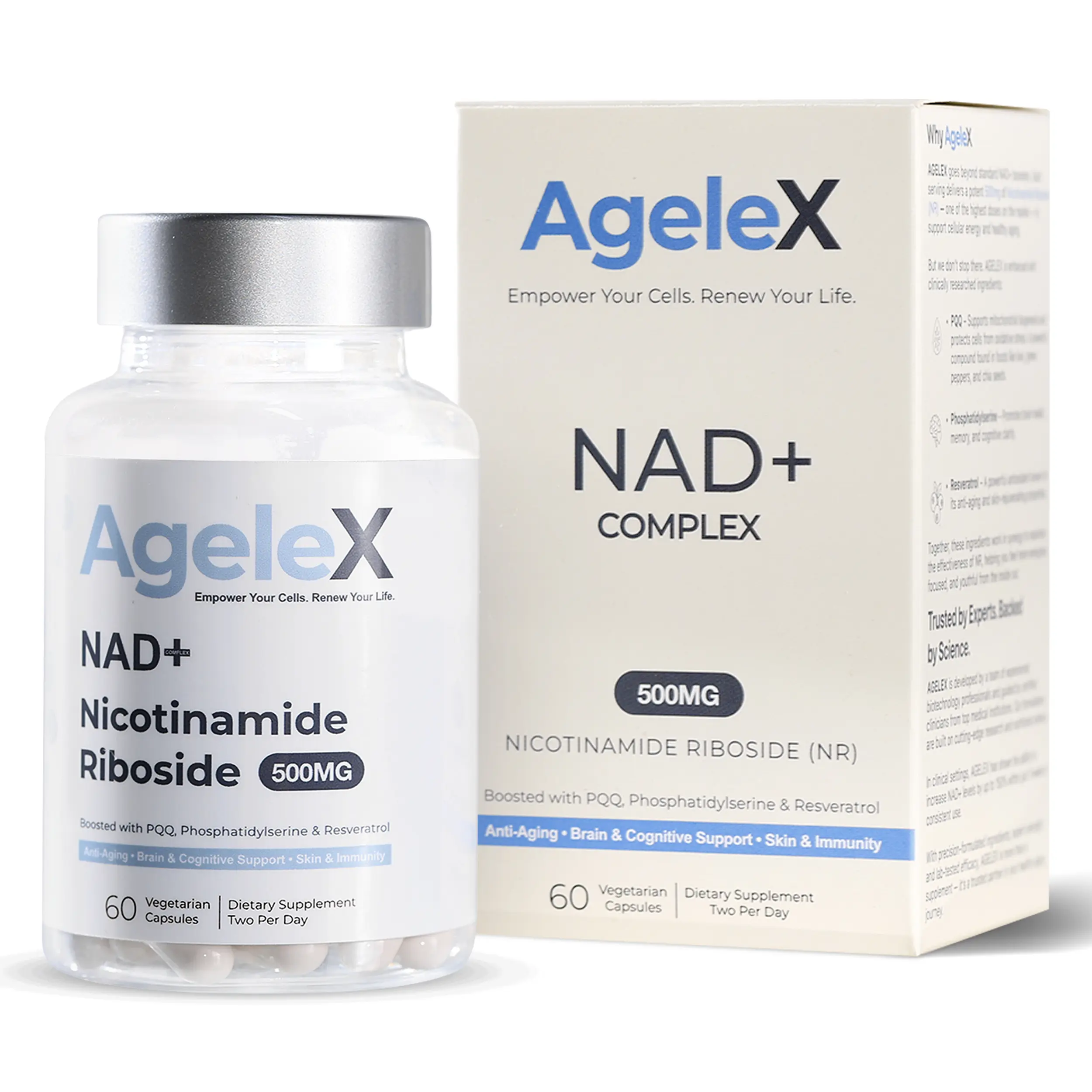 AgeleX NAD+ Brain & Energy Complex — NR 500mg + Lion's Mane + PQQ + CoQ10 — 14-in-1 Cognitive & Cellular Support