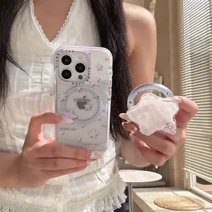 Ins Aesthetic Purple Star Magnetic Phone Case Full Coverage Soft Shell Built-In Holder Shockproof Anti Drop Fashion Protective Cover For iPhone 13 14 15 16 Pro 17 Pro Max Women