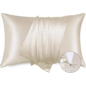 Satin Pillowcase with Zipper, Similar to Silk Pillow Cases 2 Pack, Silky & Soft Satin Pillow Case Standard Size for Hair and Skin, Christmas Room Decor Gifts for Women Men, Beige, 20x26 Inches