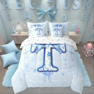 7Pcs Coquette Bow Bedding Set,Blue Groovy Floral Cute Bowknot Bed in A Bag Initial Letter T Aesthetic Bow Gifts Girls Comforter Set with Sheets for Girlfriend/Mom/Sister(T)