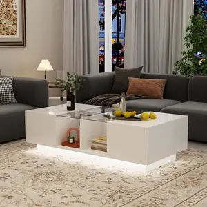 FUFU&GAGA Modern LED Coffee Table with Drawers & Open Compartments, Rectangle Coffee Center Table with Glass Top for Living Room